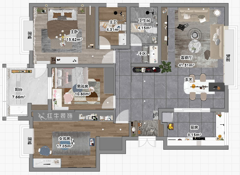 吴波｜枫丹白露8-3-402-140㎡-现代风格｜3室2厅2卫｜新房装修｜定制家｜全包18万｜00_04平面彩图